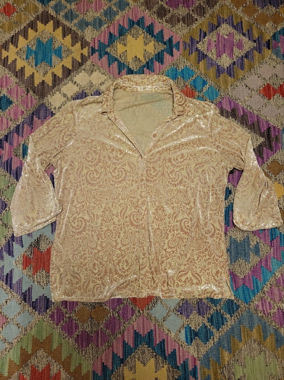 Whimsigoth Velvet Cream Gold Button Blouse With 3/4 Sleeves